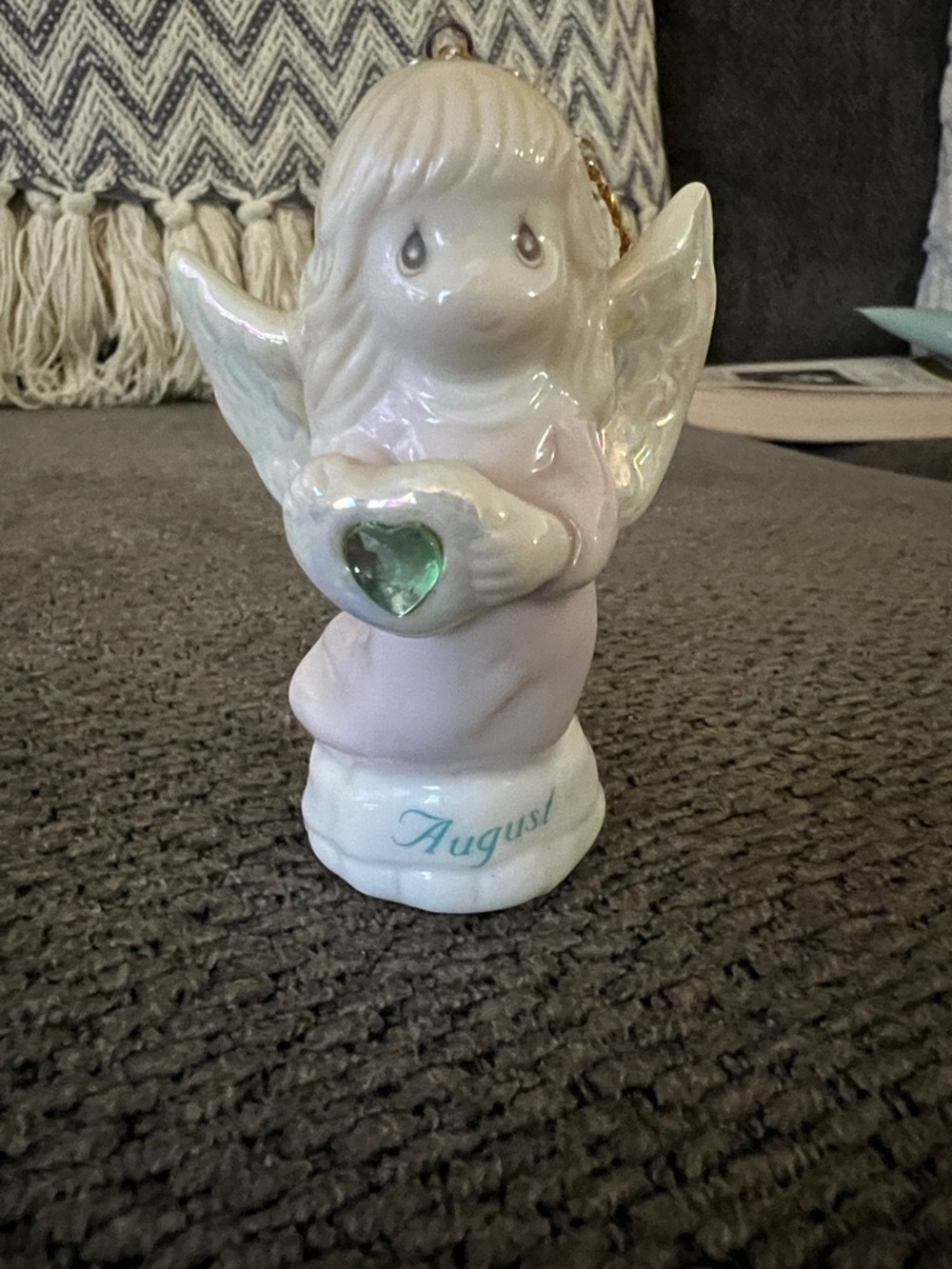 Precious Moments August Angel Figurine in Pink with Green Heart
